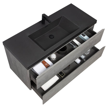 modern bathroom vanity with floating design and sleek cement gray finish
