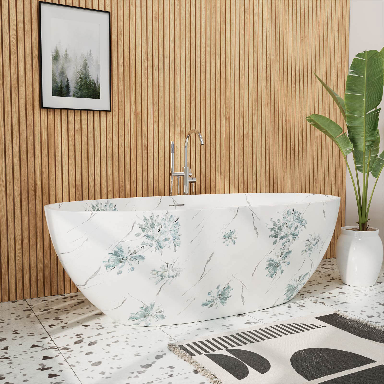 modern bathroom with floral design freestanding bathtub
