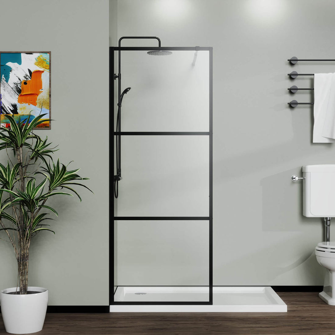 modern black framed glass shower screen 37x72 inch