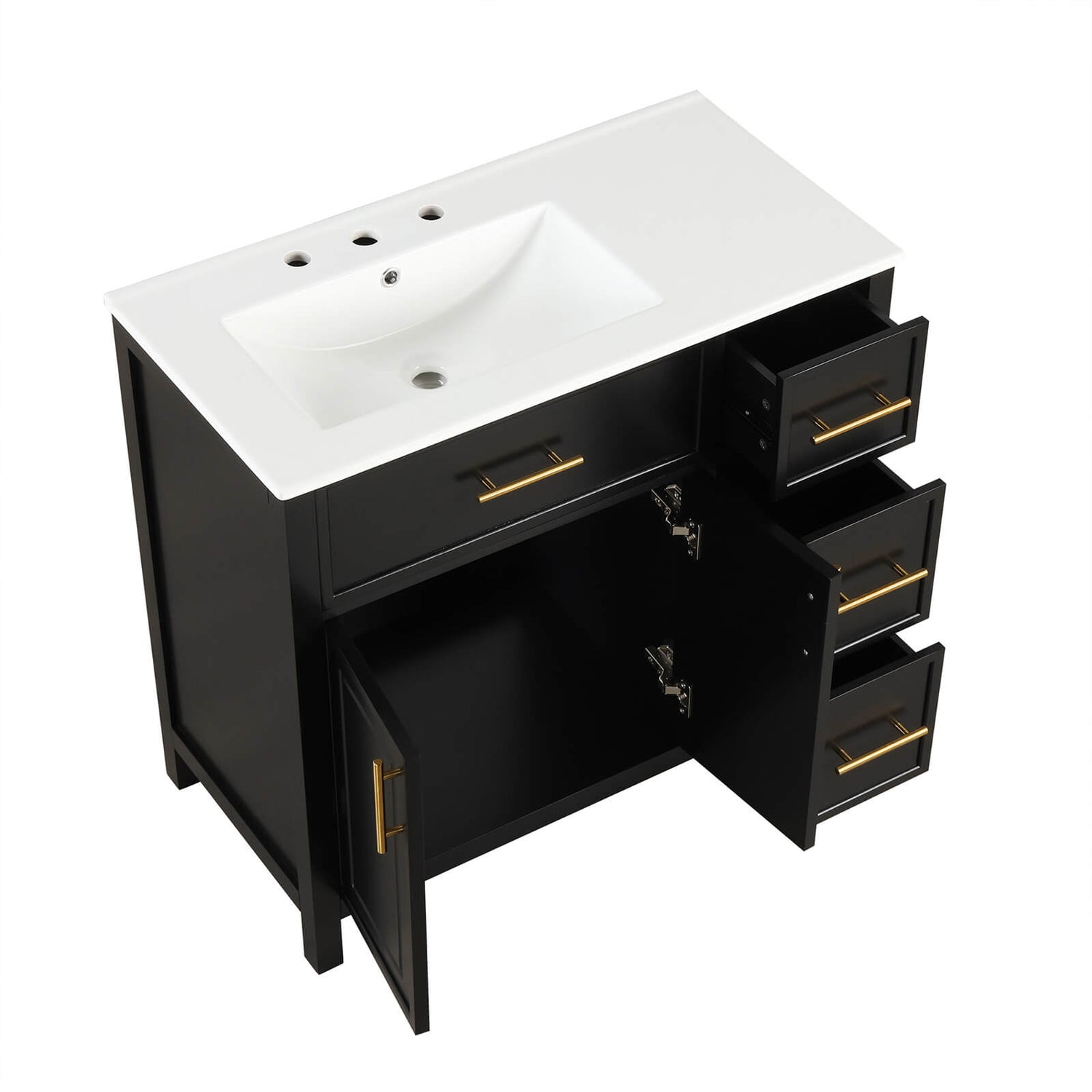 modern black vanity with drawers and storage space