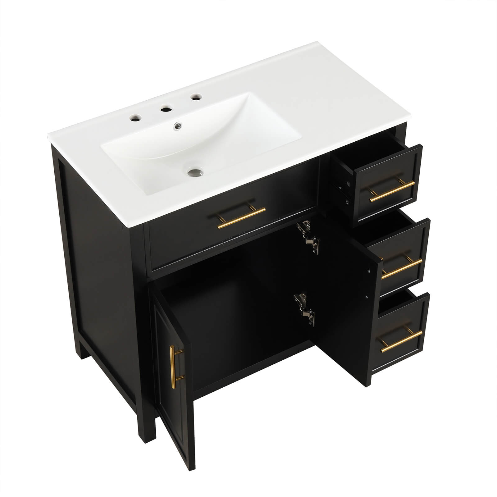 modern black vanity with drawers and storage space