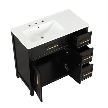 modern black vanity with drawers and storage space