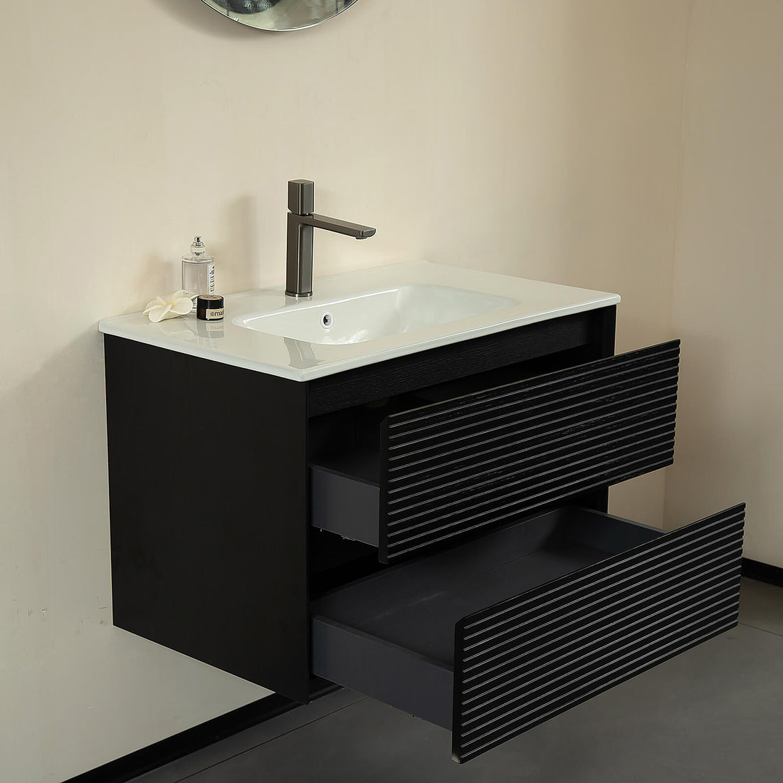 modern black vanity with soft close drawers