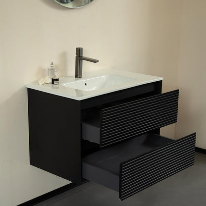 modern black vanity with soft close drawers