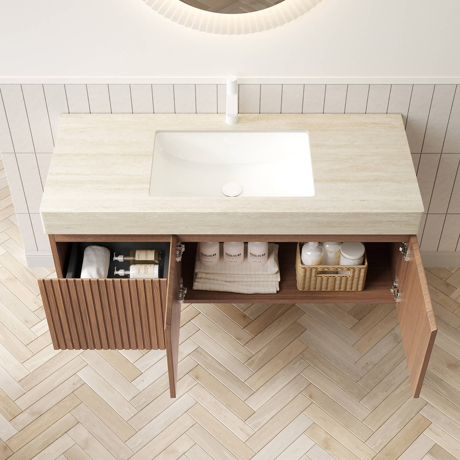 modern brown oak wall mounted vanity with travertine style countertop