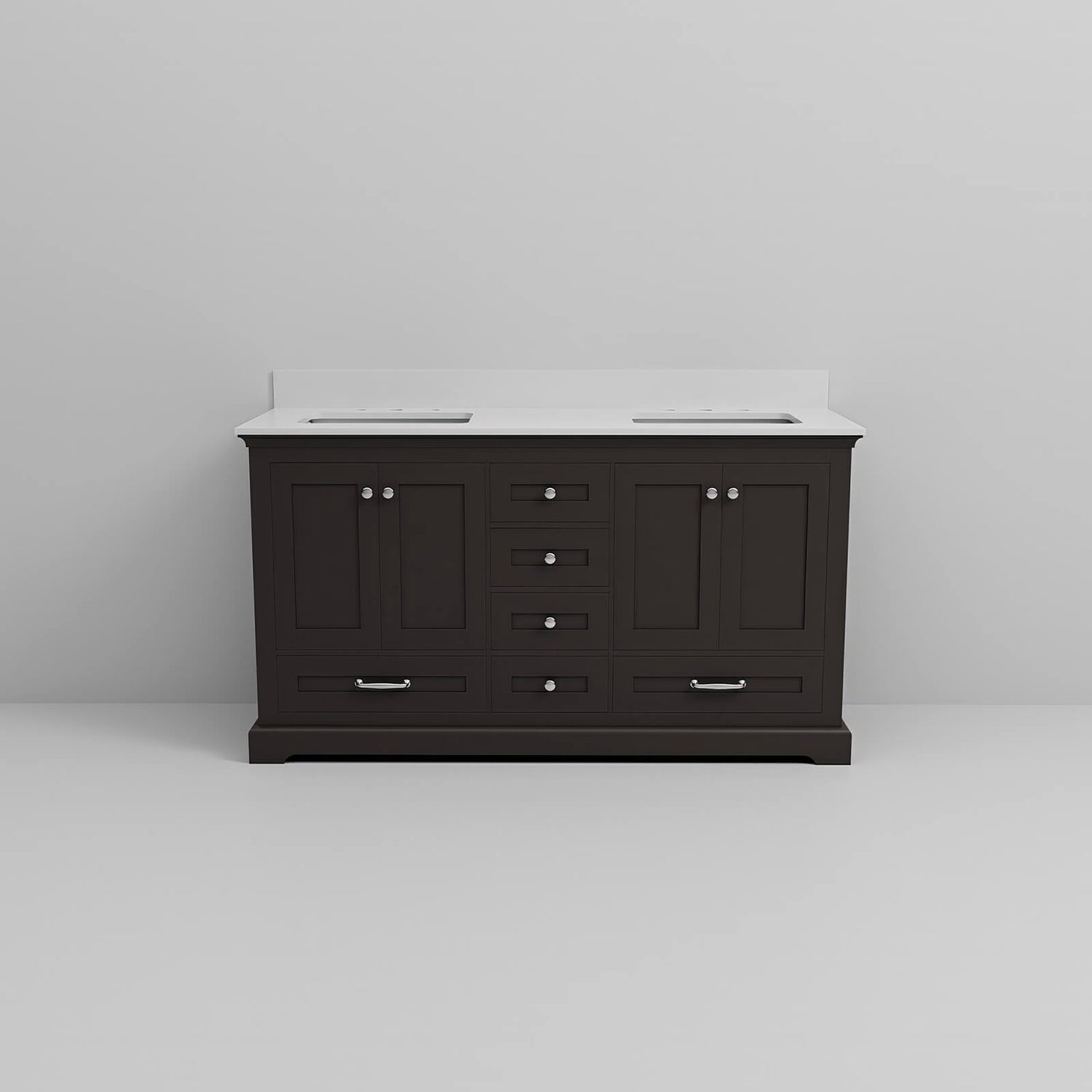 modern dark wood bathroom vanity with double undermount sinks