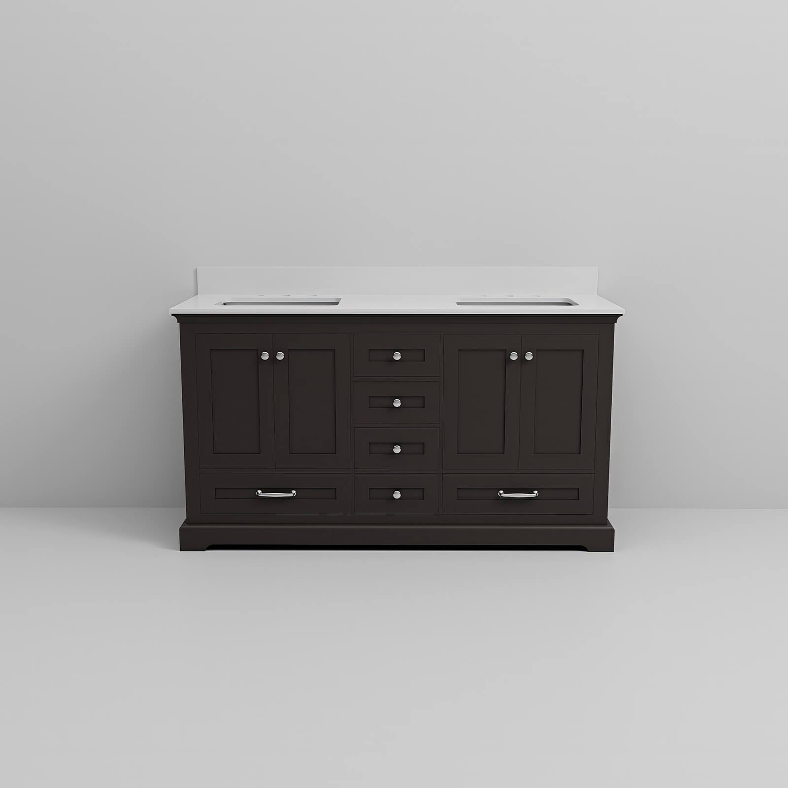 modern dark wood bathroom vanity with double undermount sinks