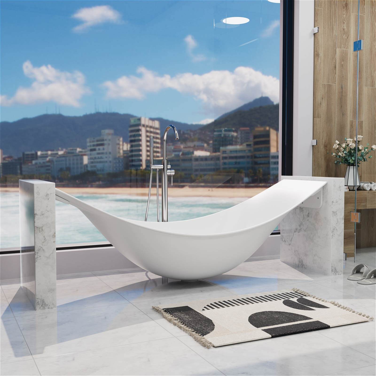 modern floating bathtub in white stone resin