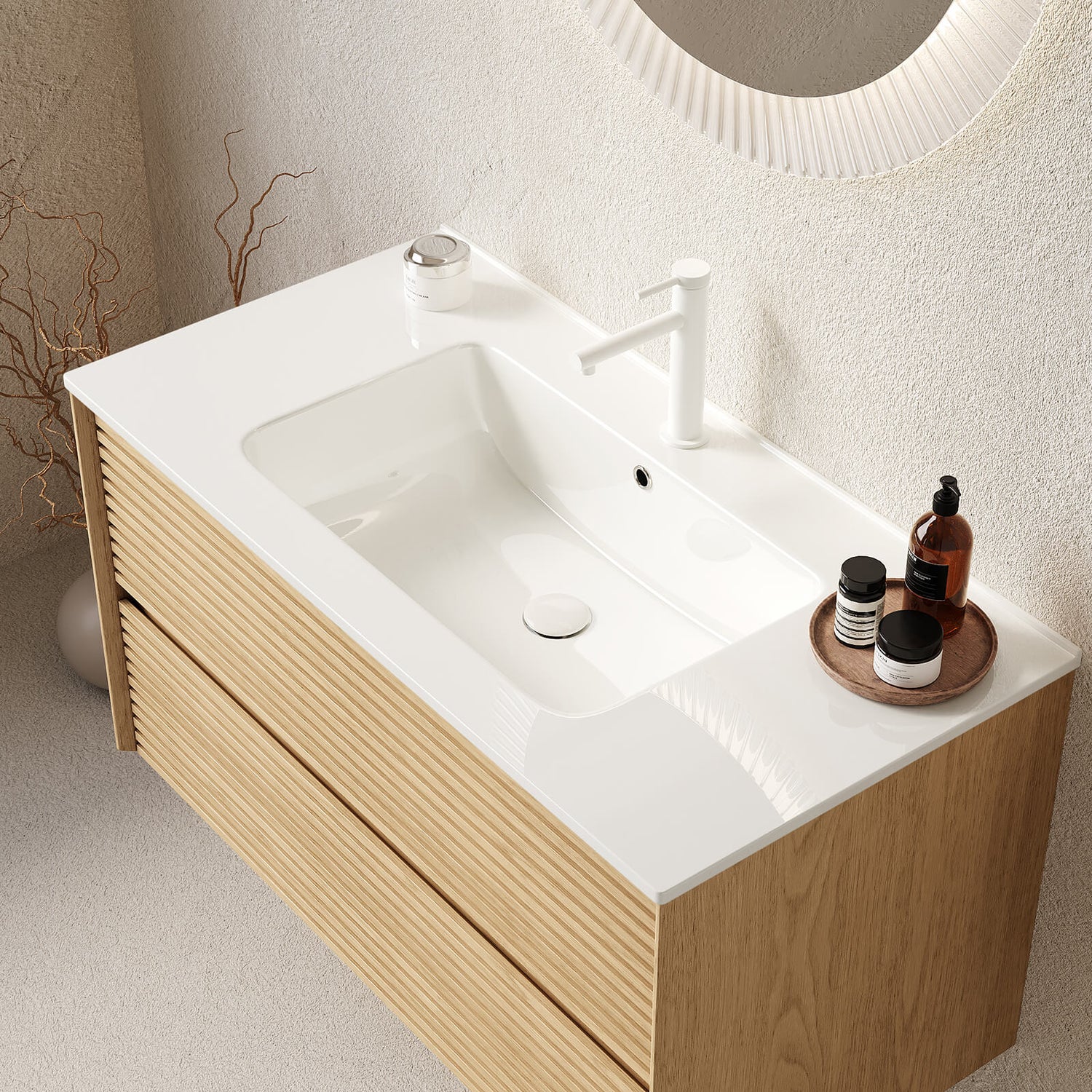 modern floating vanity with ceramic sink and oak finish