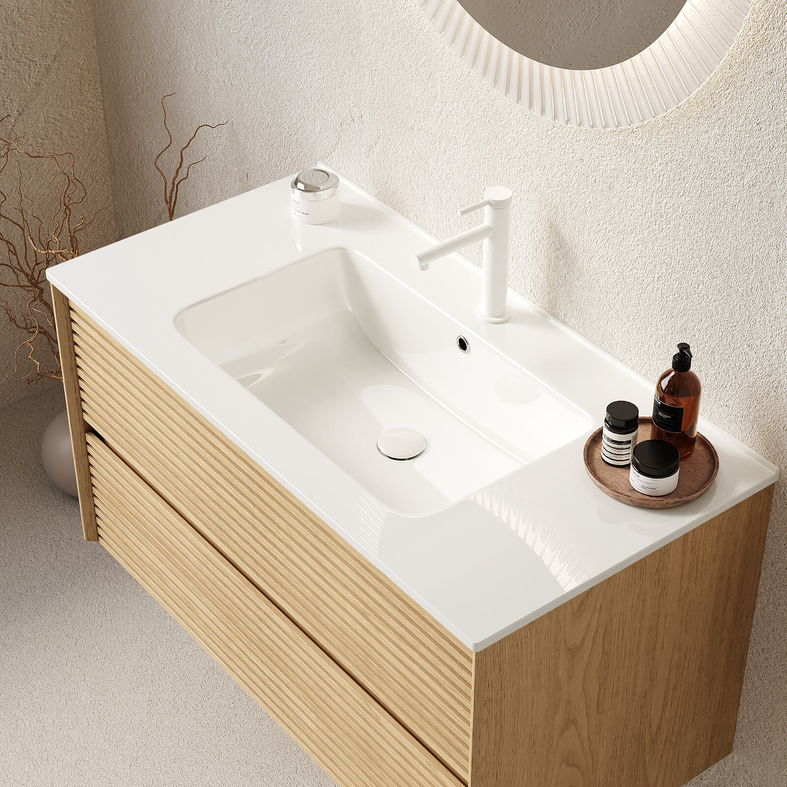 modern floating vanity with ceramic sink and oak finish