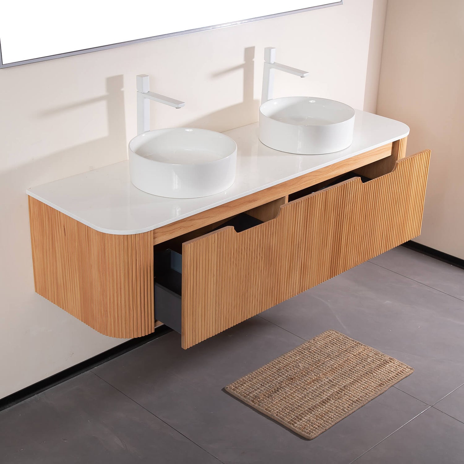 modern floating vanity with engineered marble countertop