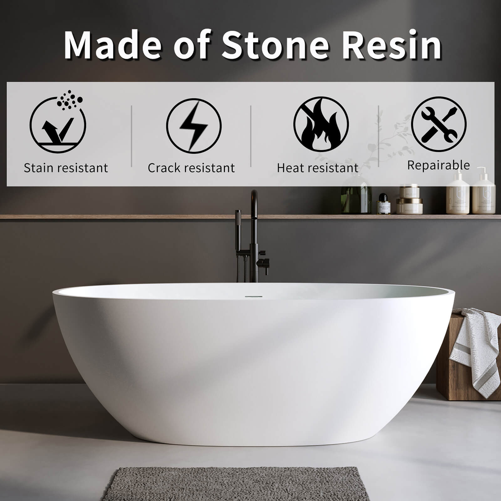 modern freestanding bathtub in matte solid surface finish