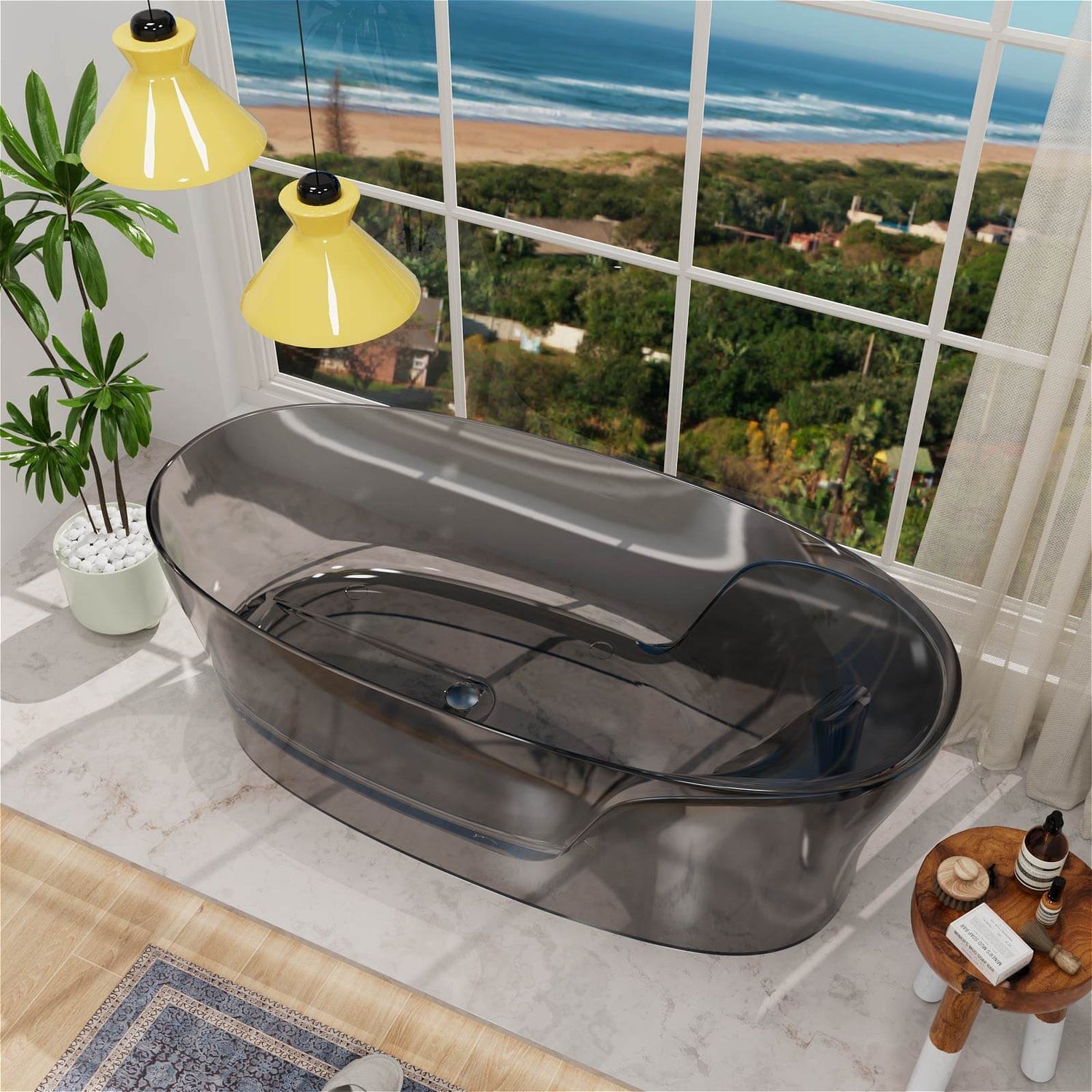 modern freestanding gray resin bathtub with ergonomic design