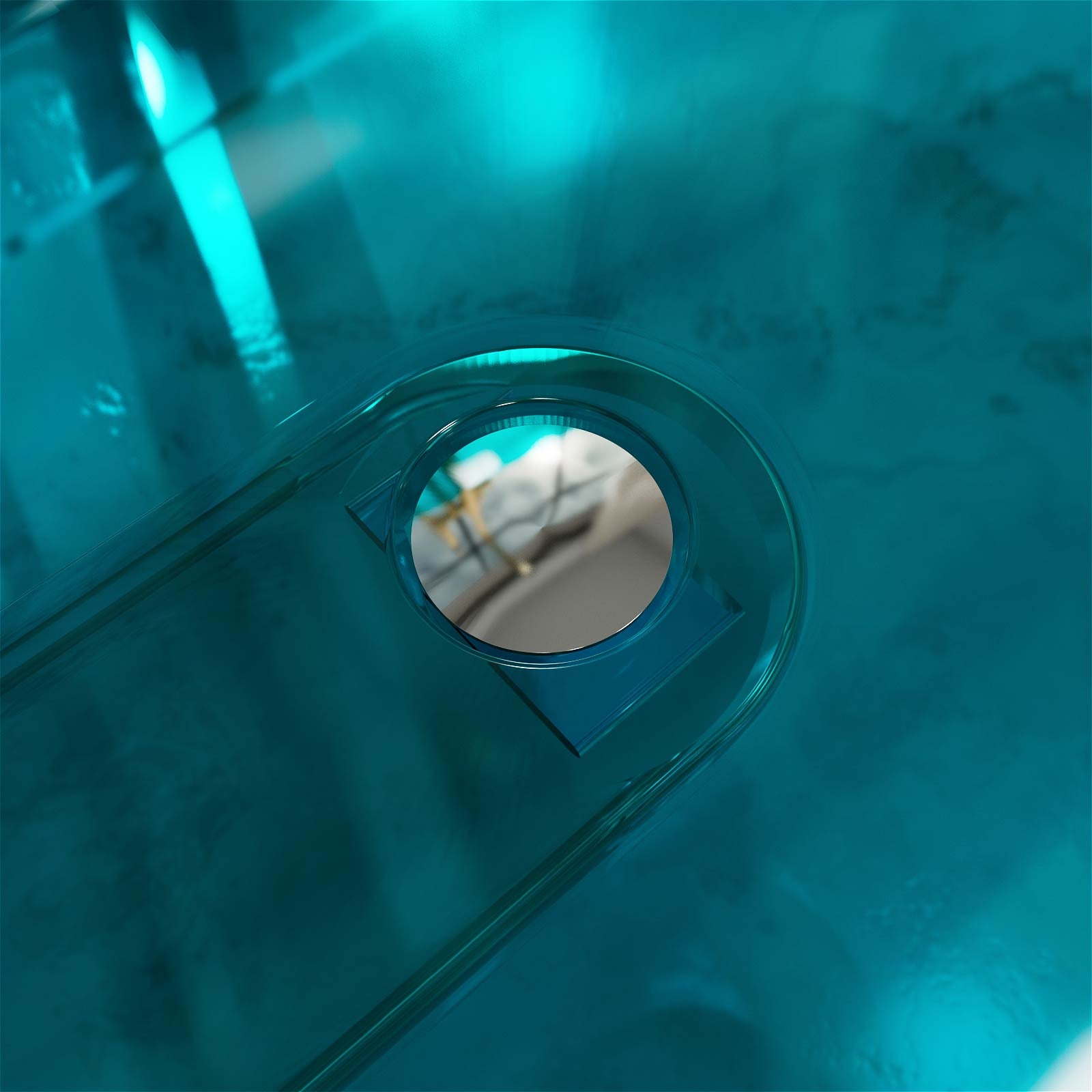 modern freestanding teal resin soaking tub with center drain