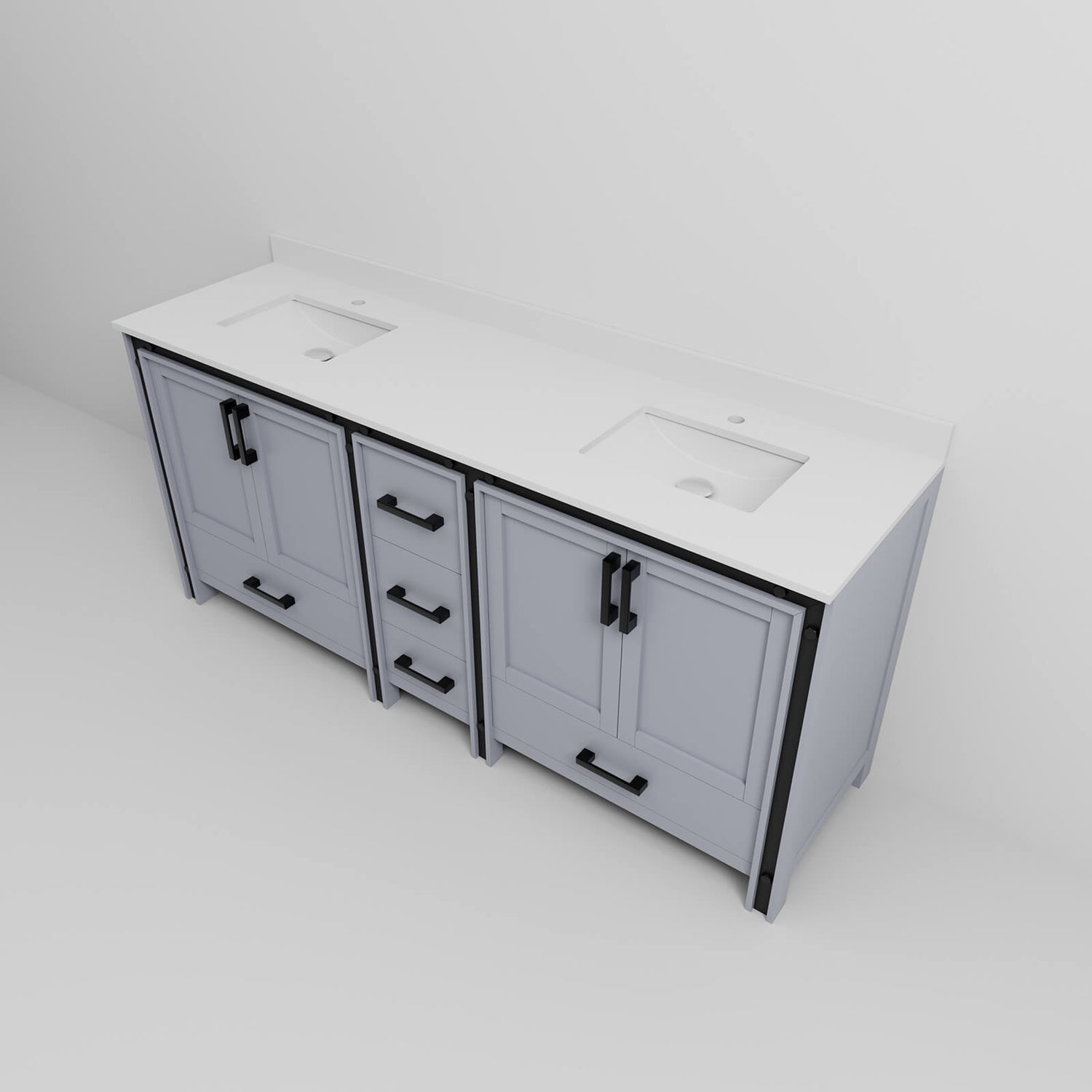 modern gray bathroom vanity with dual ceramic undermount sinks