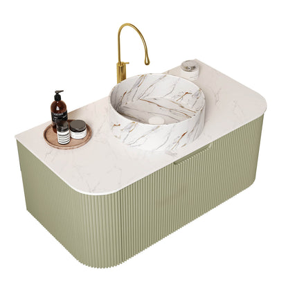 modern green floating bathroom vanity with marble countertop