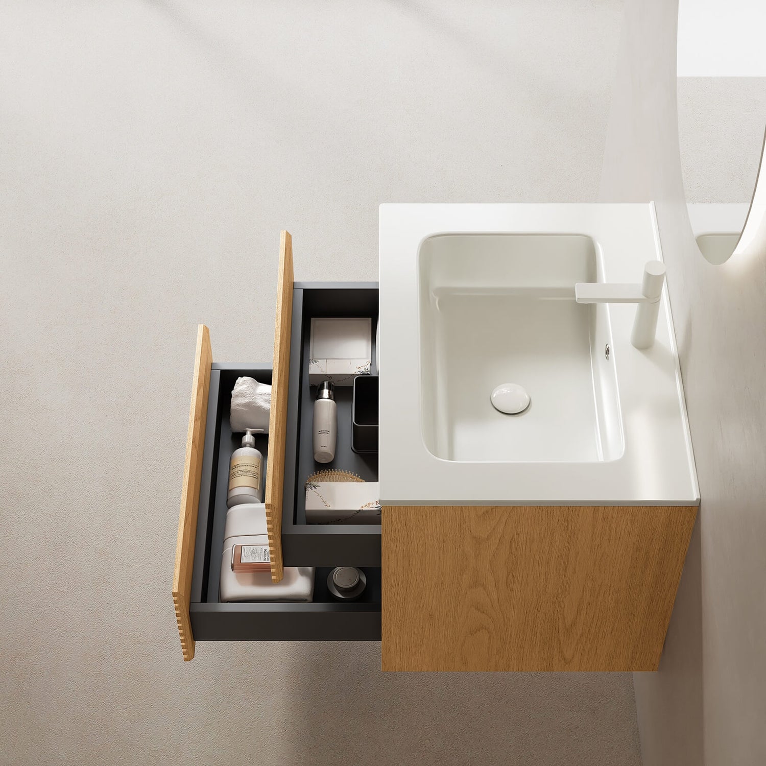 modern light oak wall hung vanity cabinet