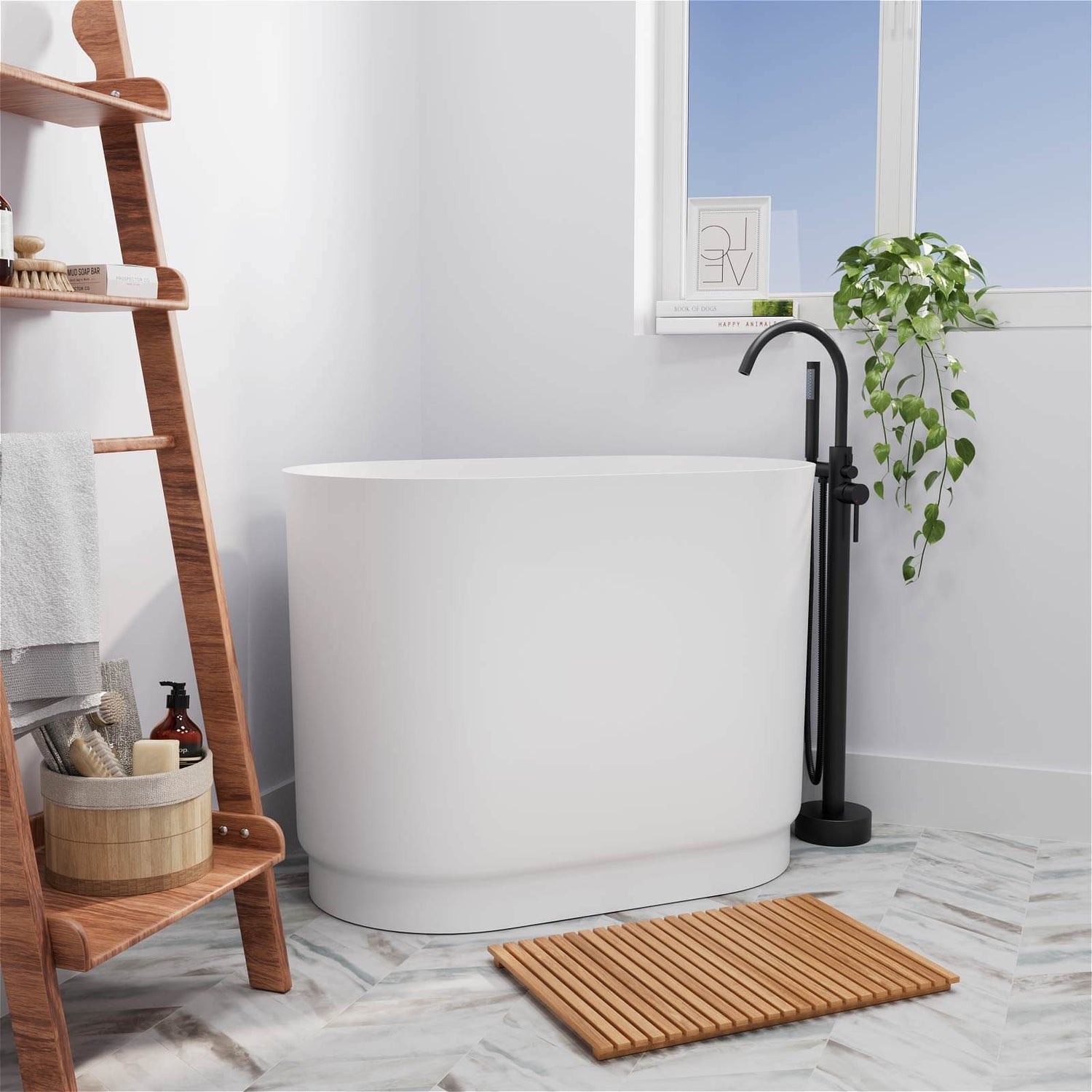 39&quot; Solid Surface Oval Japanese Soaking Tub with Integrated Seat