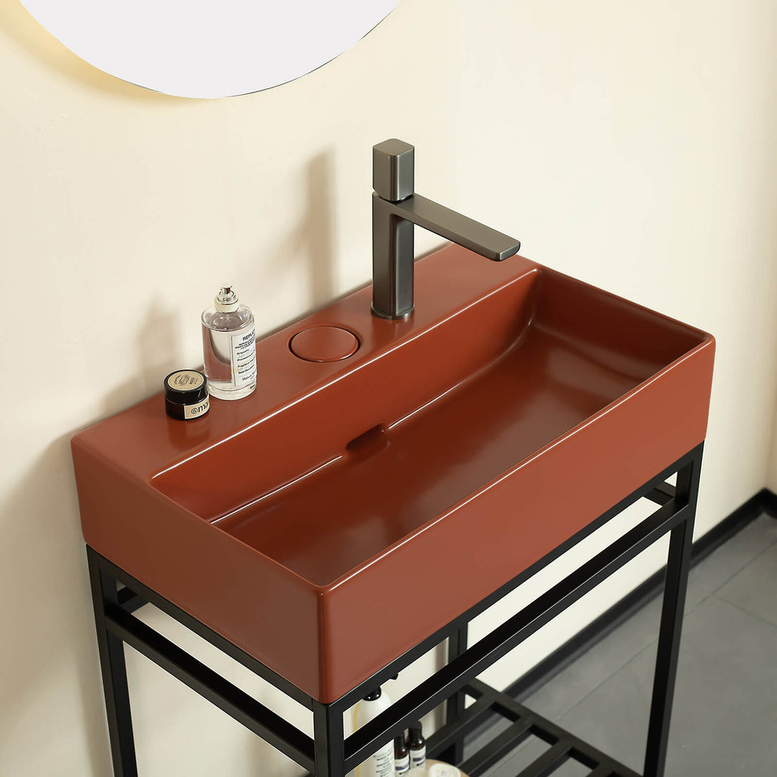 modern red and black bathroom washstand