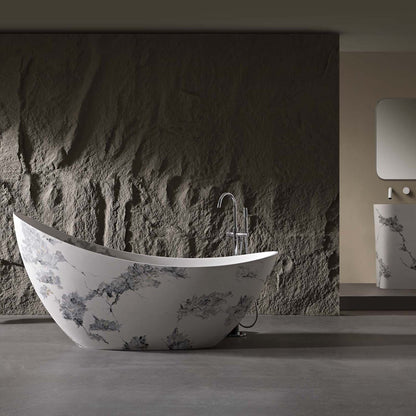 modern solid surface bathtub with Asian inspired art