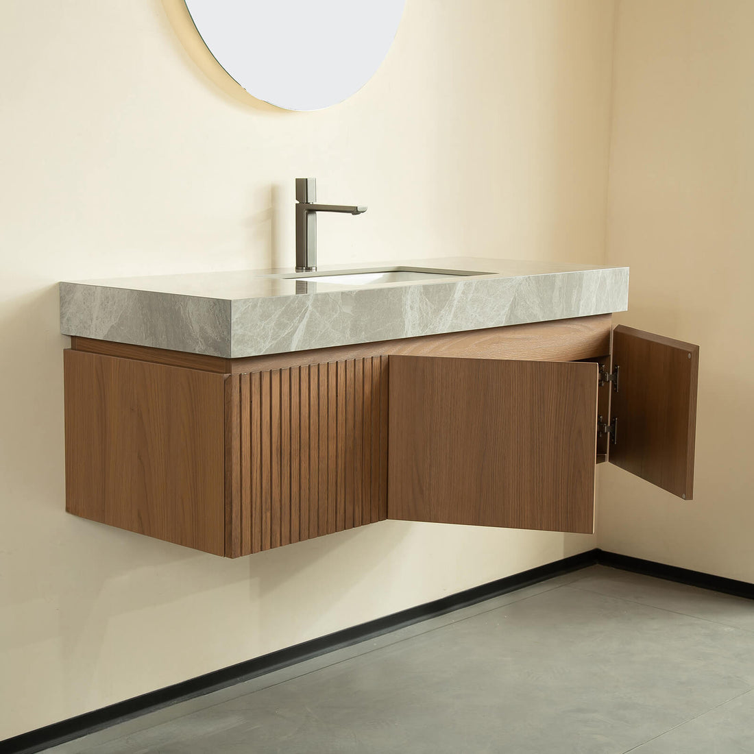 modern wall mounted oak vanity with light gray sintered stone top