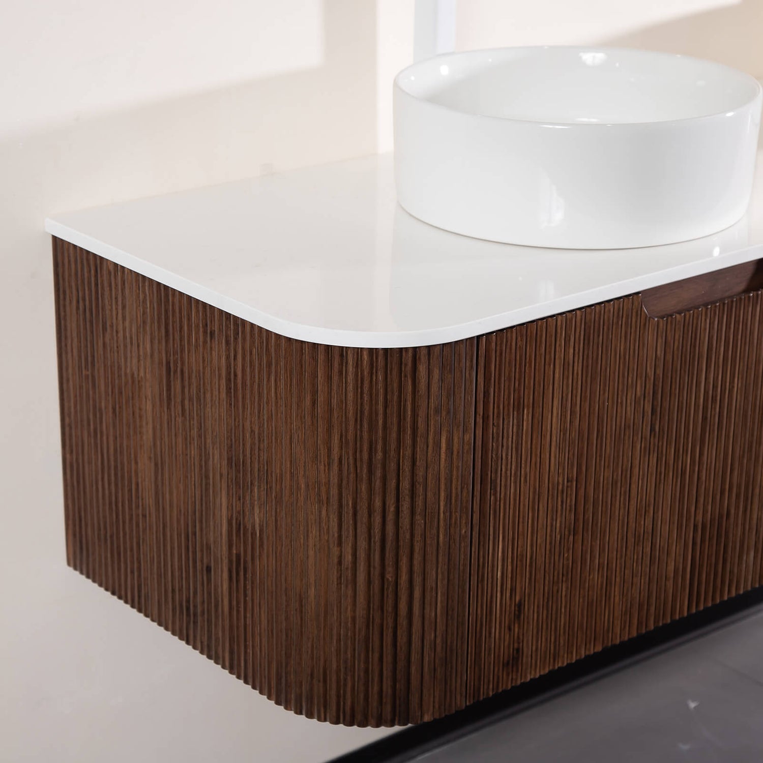 modern walnut floating vanity with curved edge design