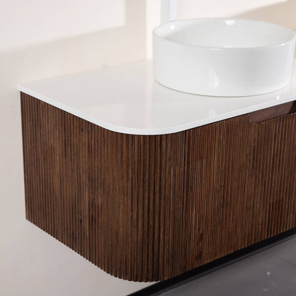 modern walnut floating vanity with curved edge design