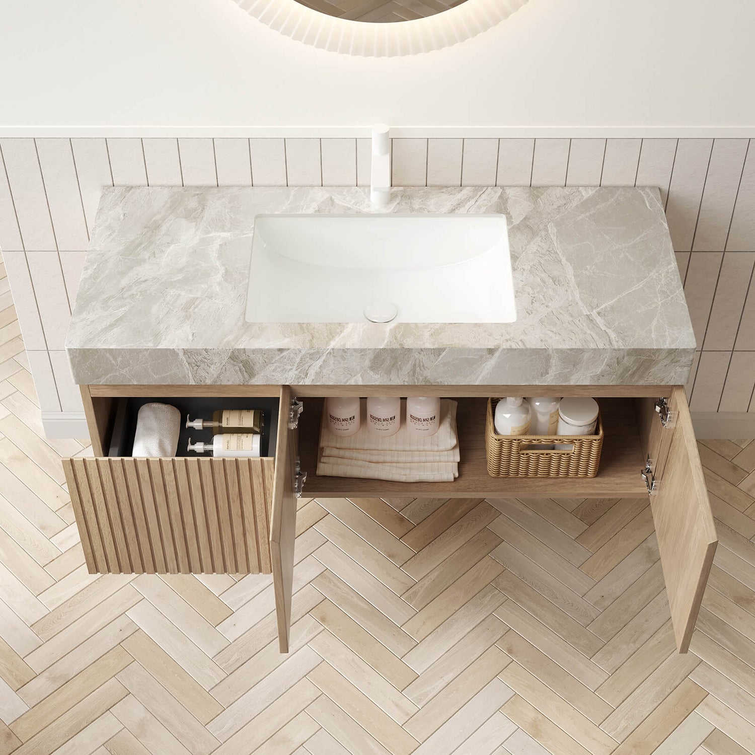modern white oak wall mounted vanity with light gray stone top