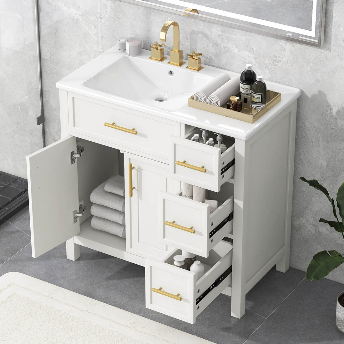 modern white vanity cabinet with left offset sink