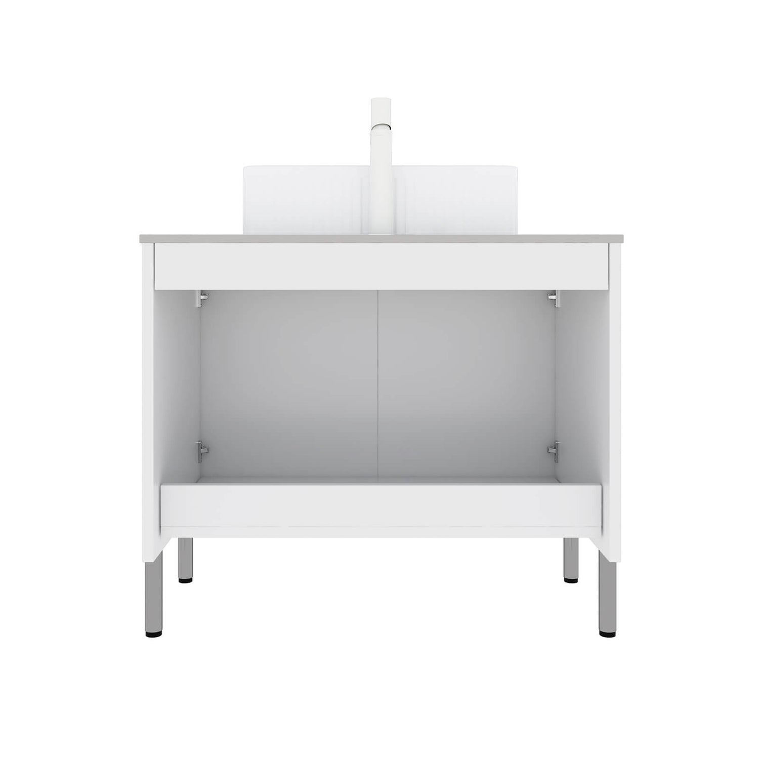 modern white vanity with elevated metal base