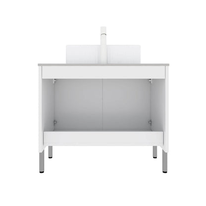 modern white vanity with elevated metal base
