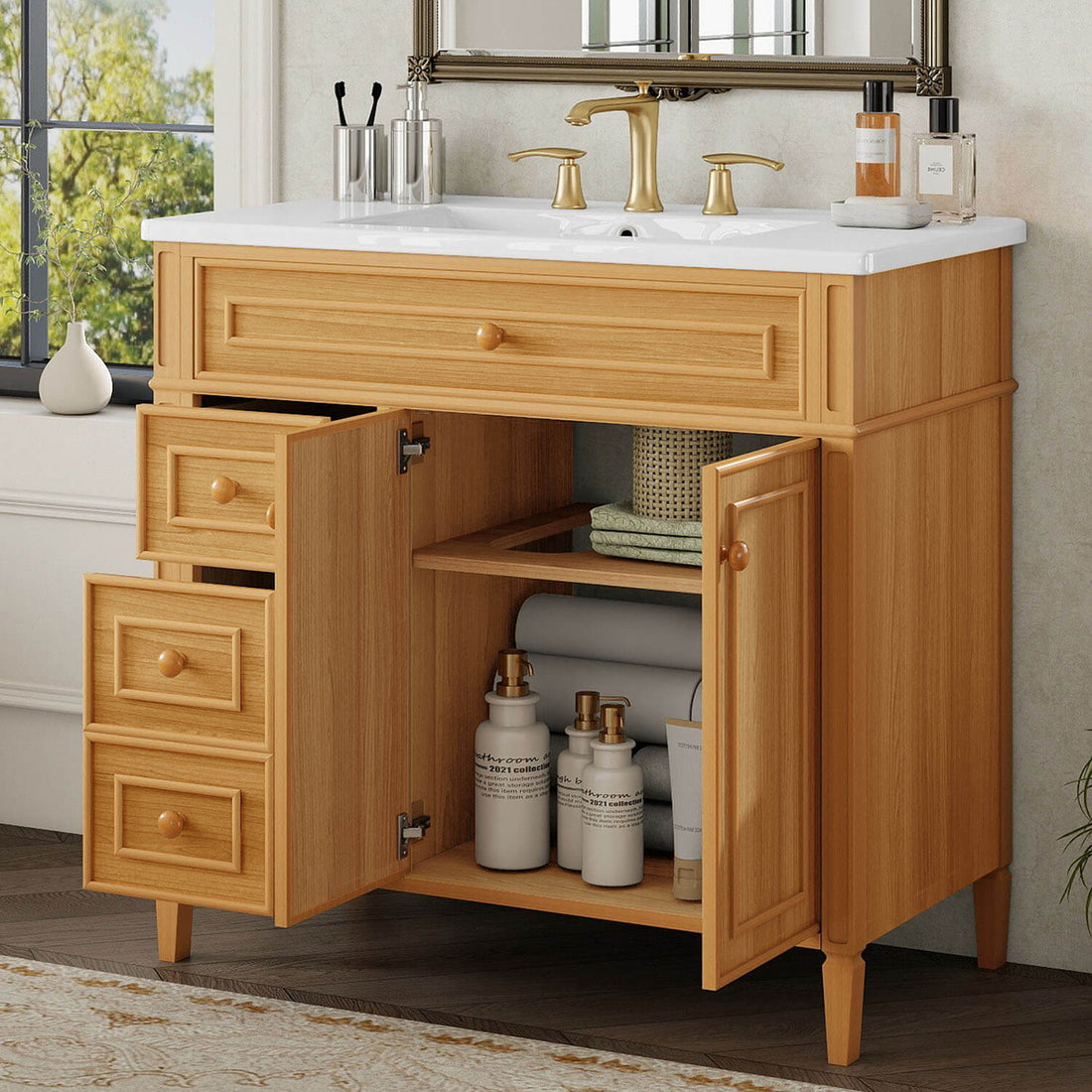 modern 36 inch light wood bathroom vanity with white ceramic sink