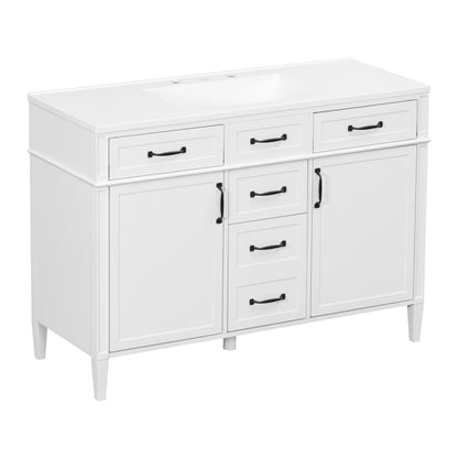 modern 48 inch white bathroom vanity cabinet with solid legs and matte black hardware handles