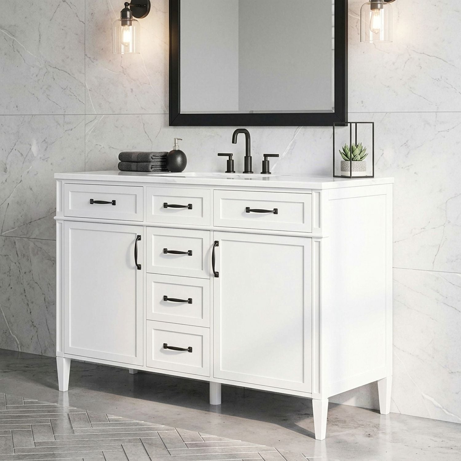 modern 48 inch white freestanding bathroom vanity unit featuring shaker style doors and central drawer storage