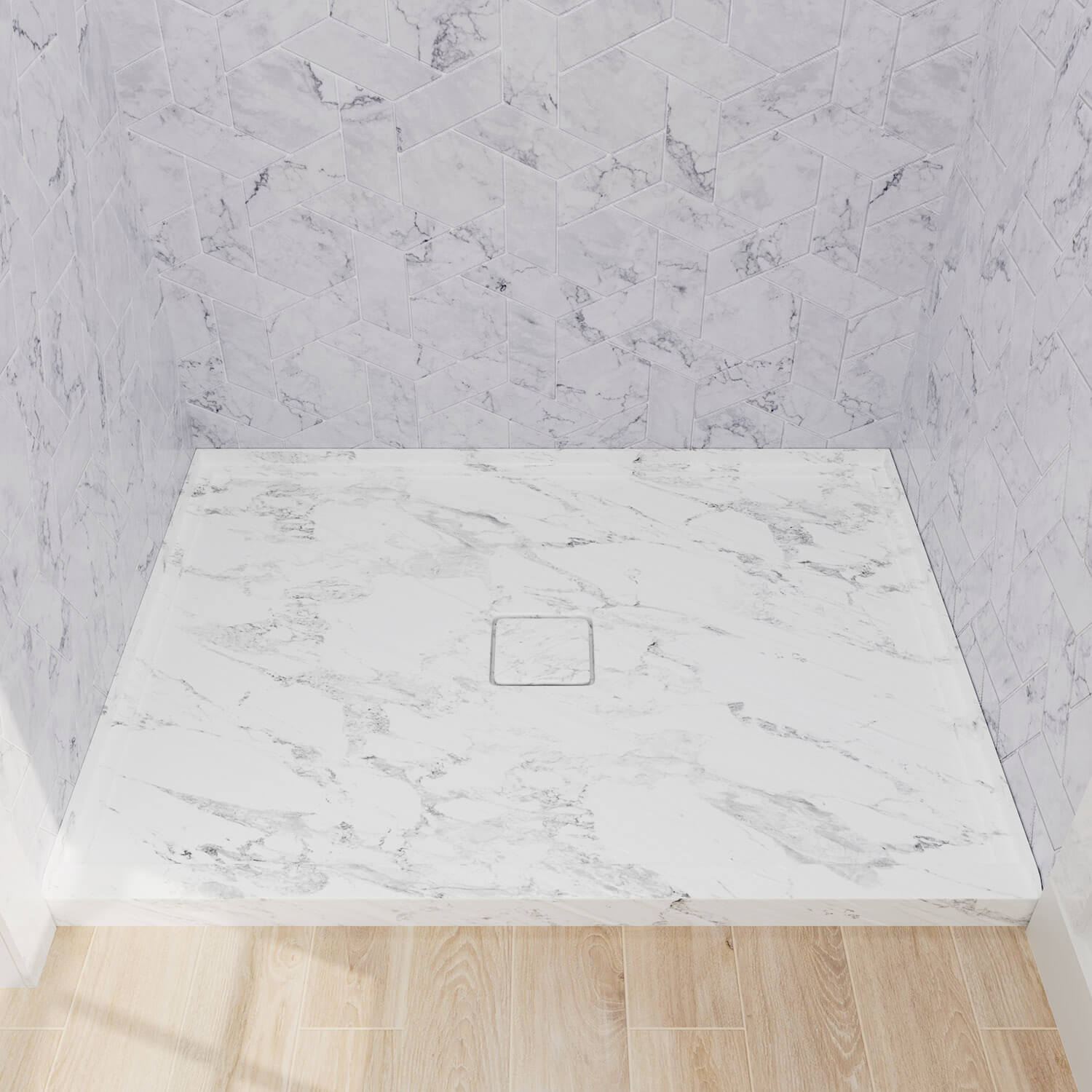 modern acrylic shower pan with centered drain opening plate