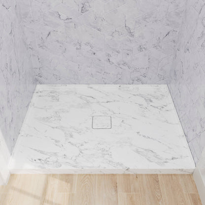 modern acrylic shower pan with centered drain opening plate