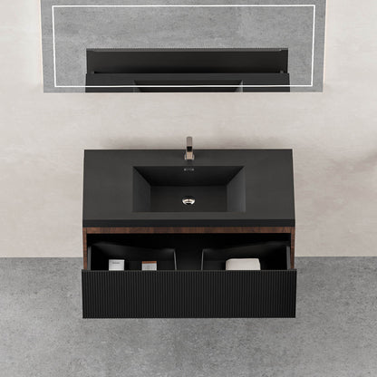 modern bathroom vanity with integrated sink and organized drawer layout