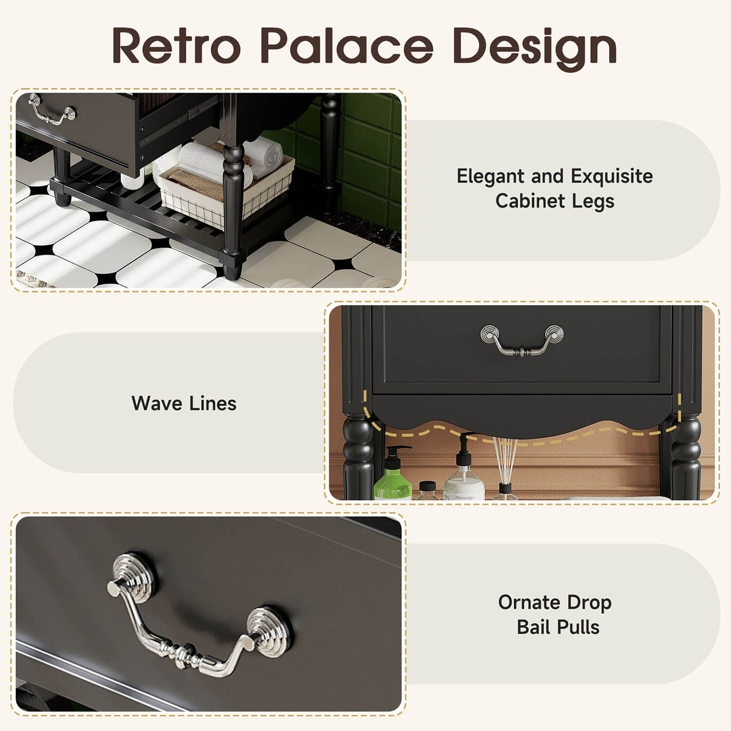 modern black bathroom vanity with wave panel detail and storage