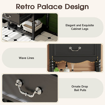 modern black bathroom vanity with wave panel detail and storage