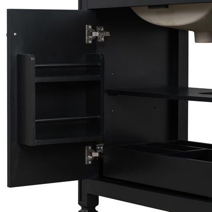 modern black vanity with organized storage compartments