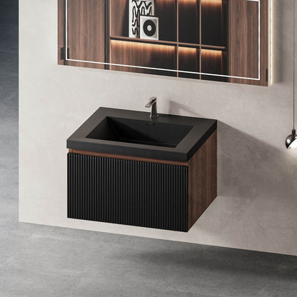modern floating bathroom vanity with walnut finish and black fluted drawer