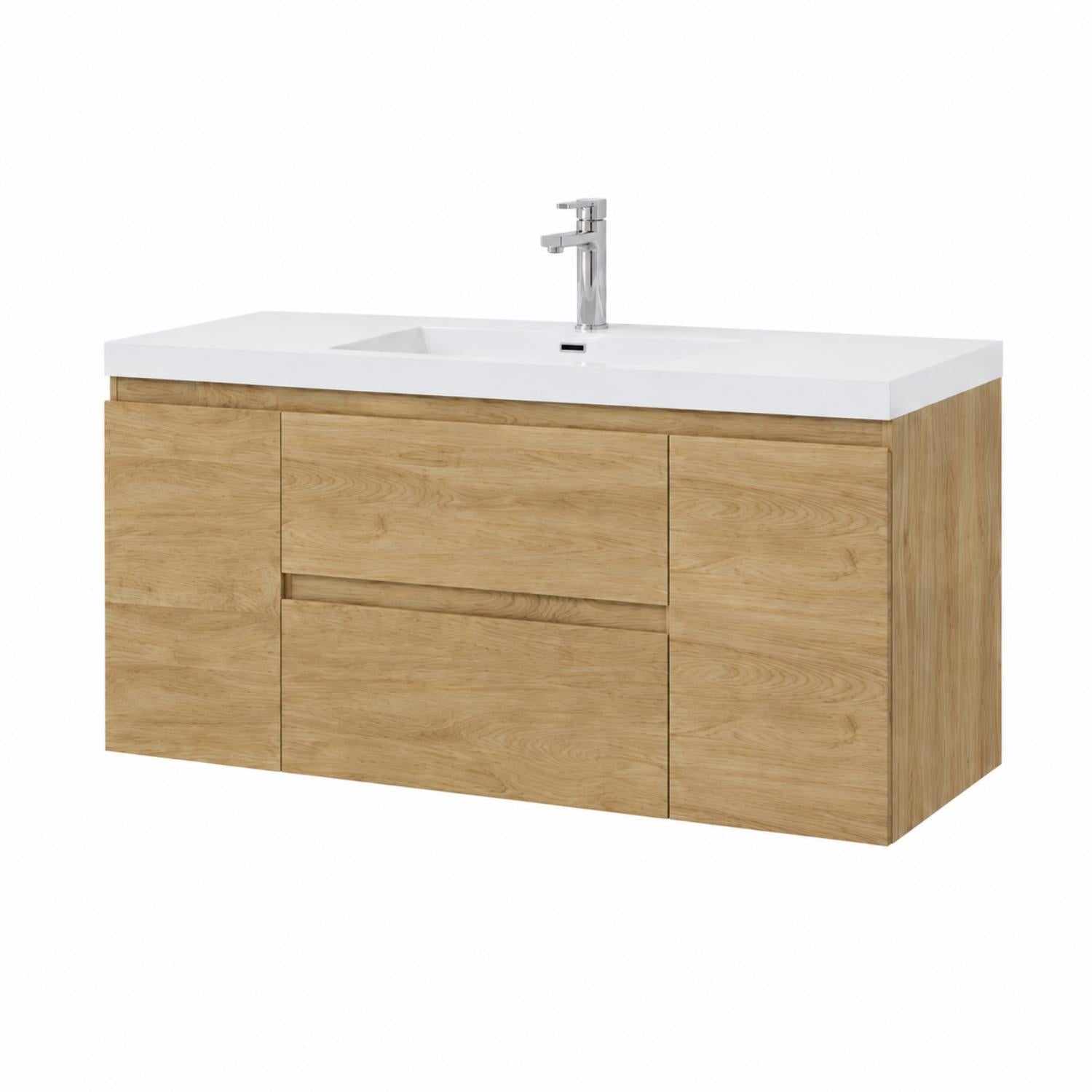 modern floating oak bathroom cabinet with sink 48 inch left angle