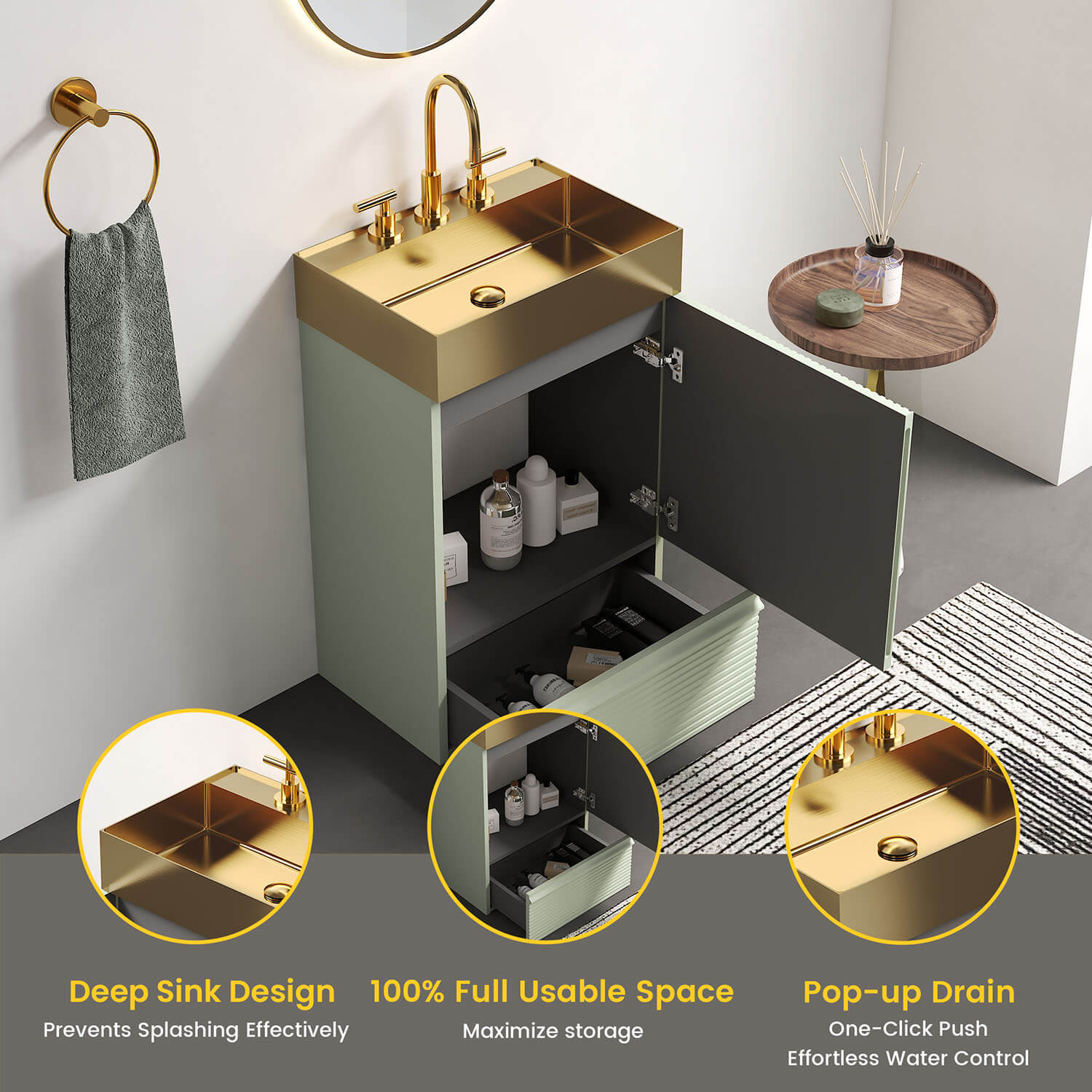 modern freestanding bathroom vanity with brushed gold sink top