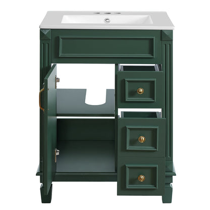 modern green bathroom vanity with ceramic sink and organized storage