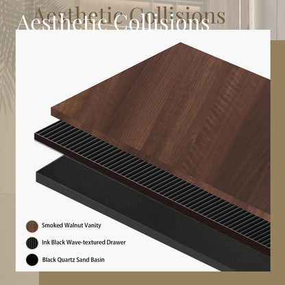 modern style floating bathroom vanity with walnut and black fluted design