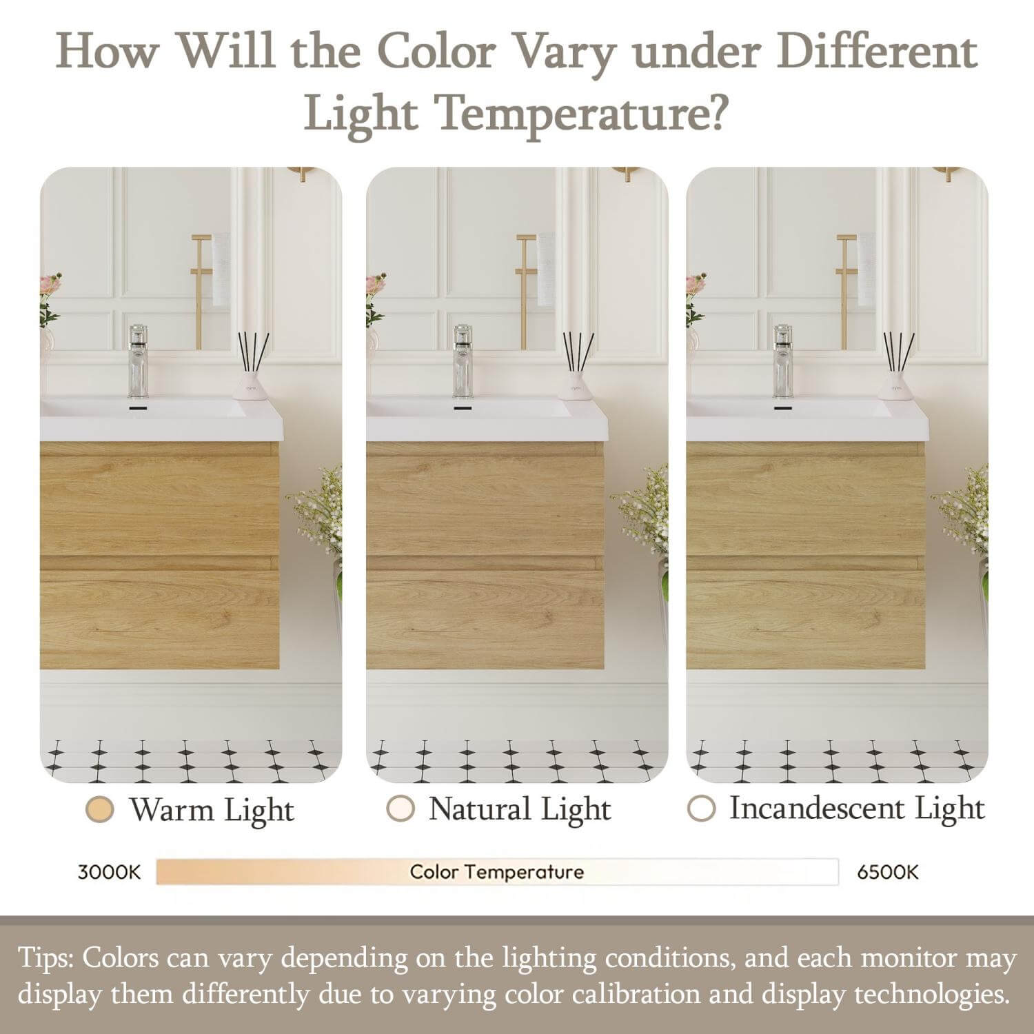 modern wall-mounted vanity color temperature and warm light comparison