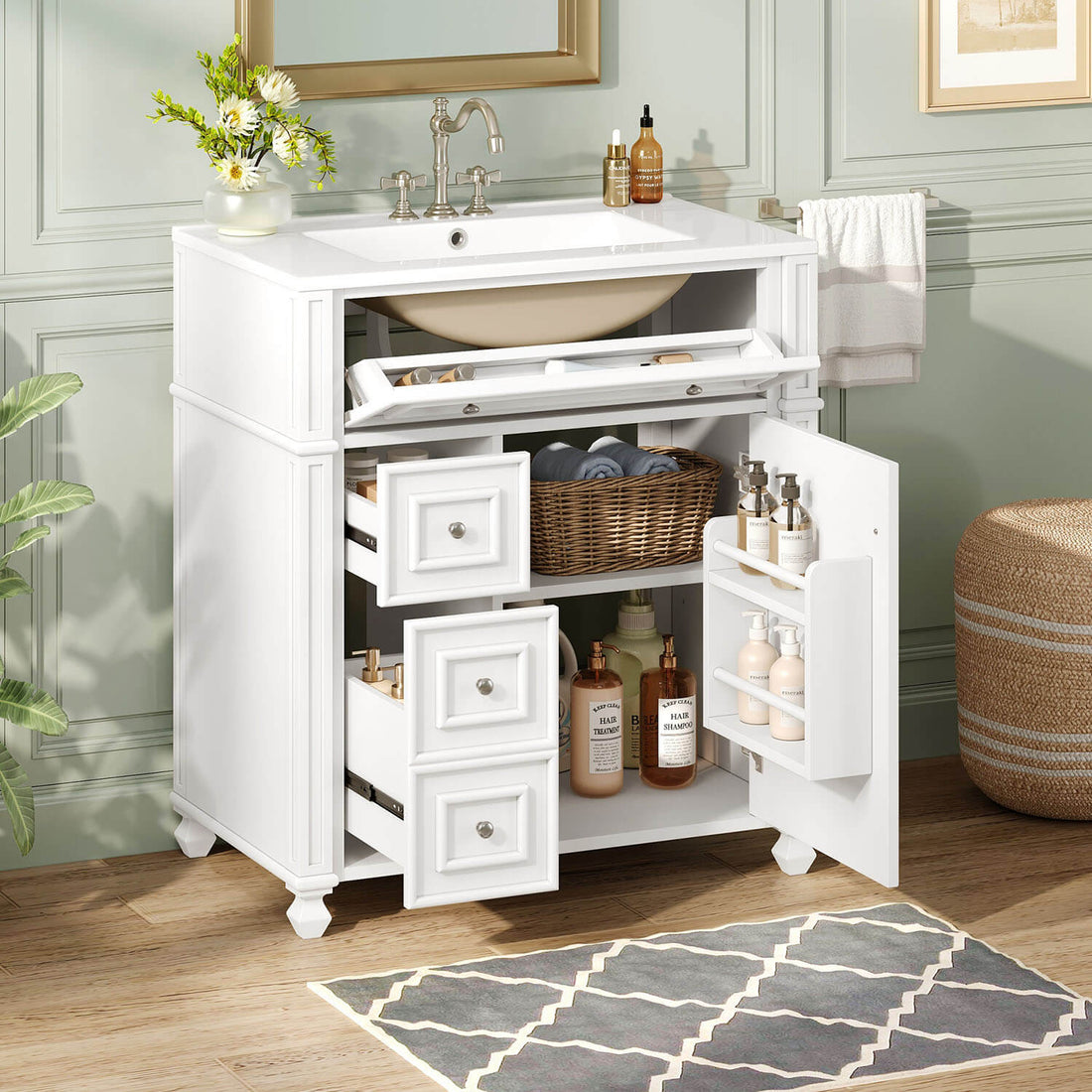 modern white bathroom vanity with durable ceramic basin and storage space