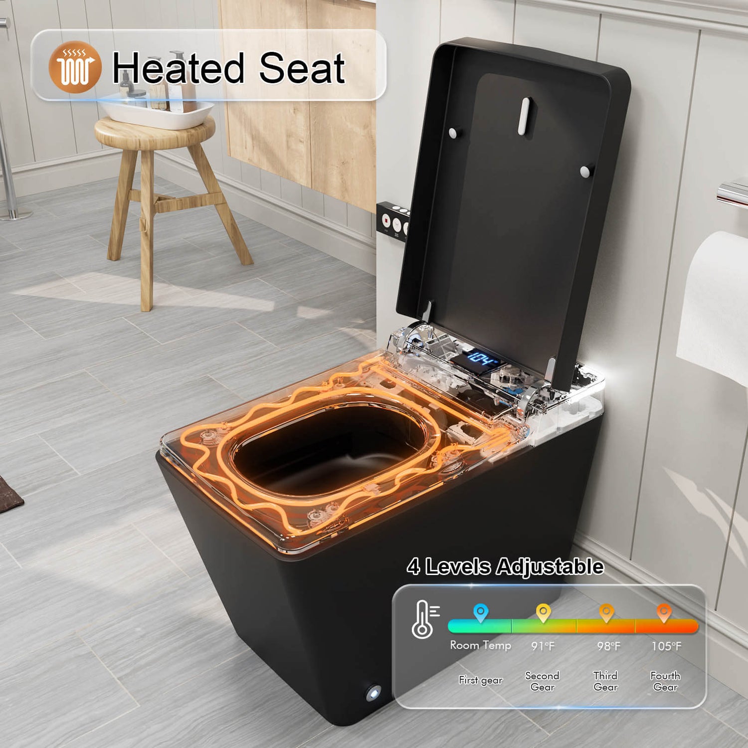 multifunctional square black smart toilet with heated seat