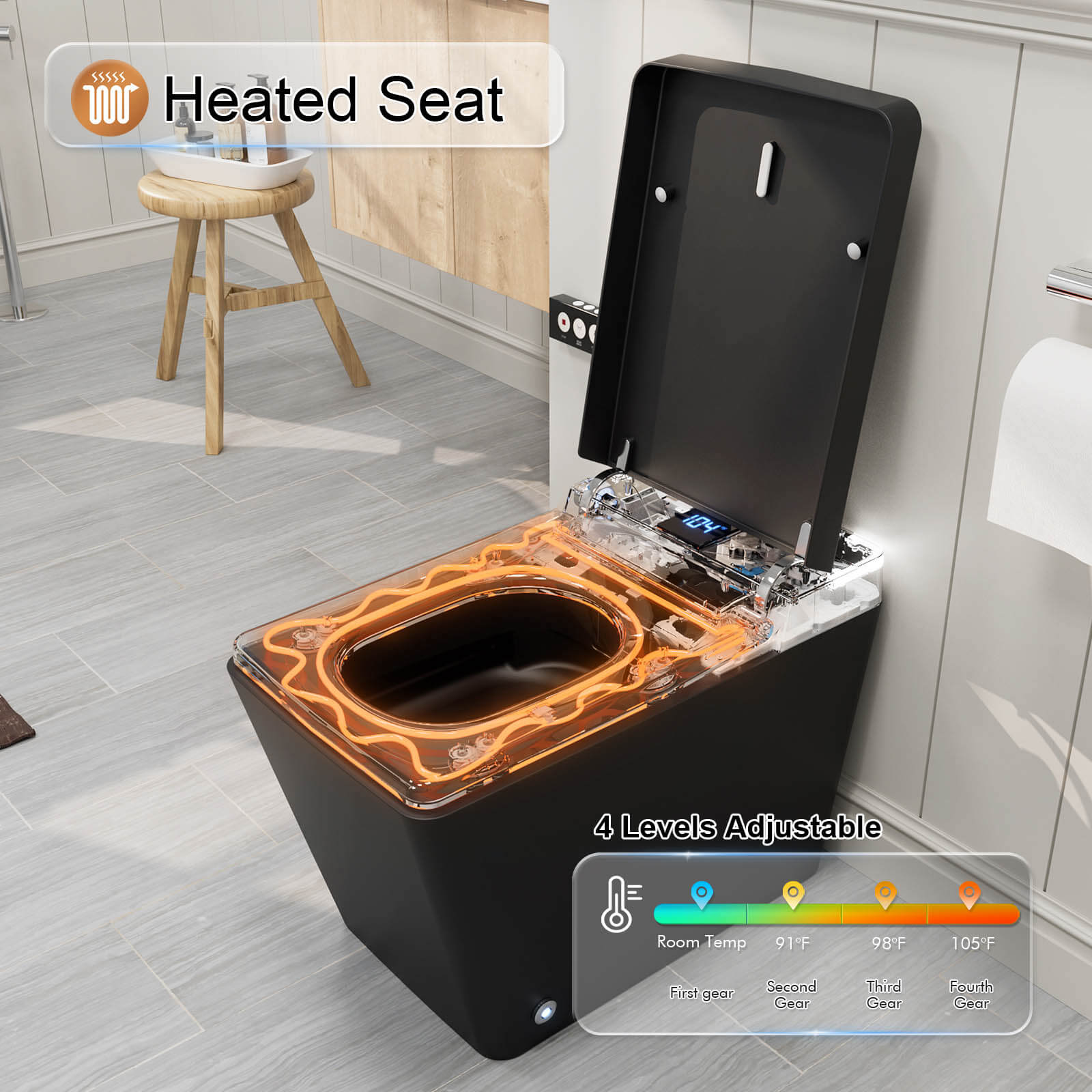multifunctional square black smart toilet with heated seat