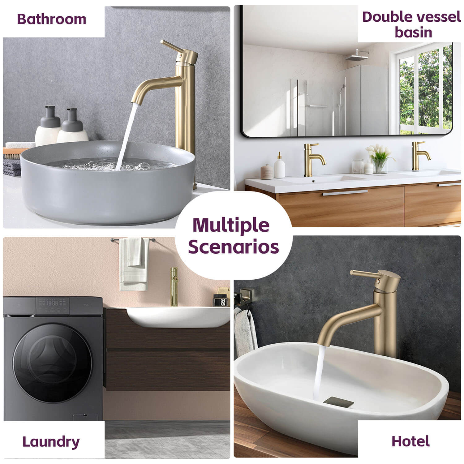 multiple scenarios of Brushed Gold Tall Single Hole Bathroom Faucet